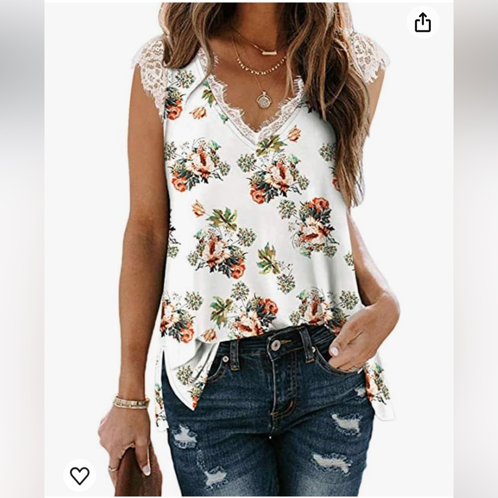 Poetsky Lace Trim Floral Print Sleeveless Top